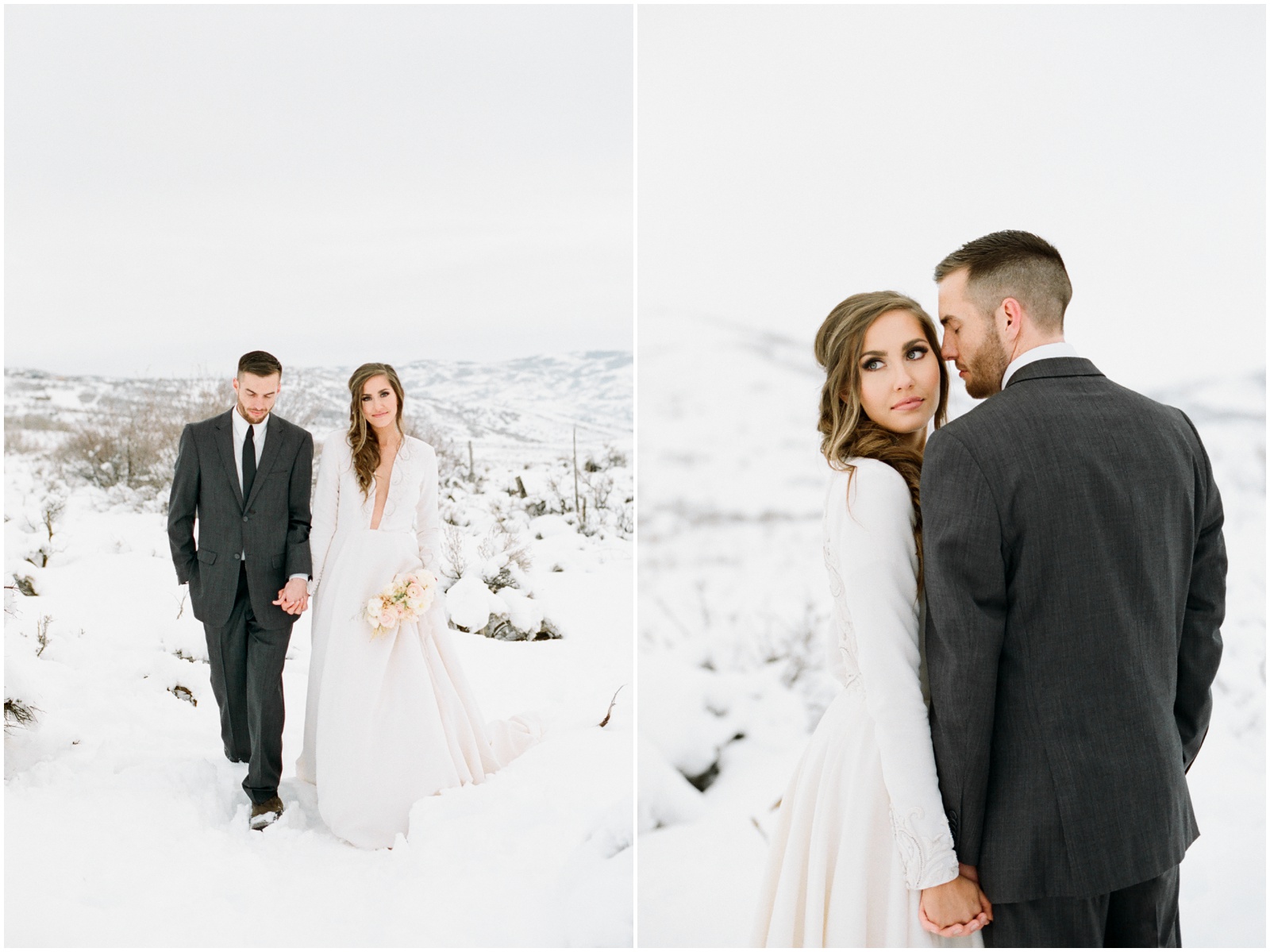 bride and groom walking in snowy mountains
