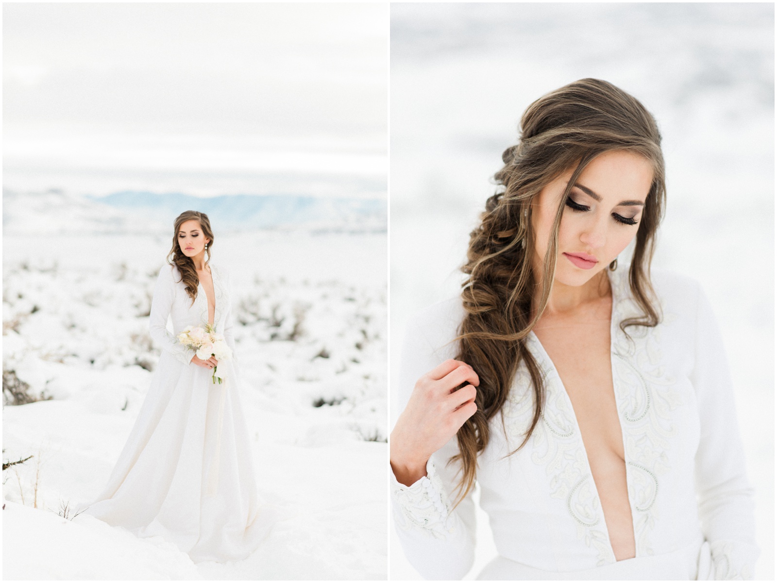 bride standing in snowy mountains