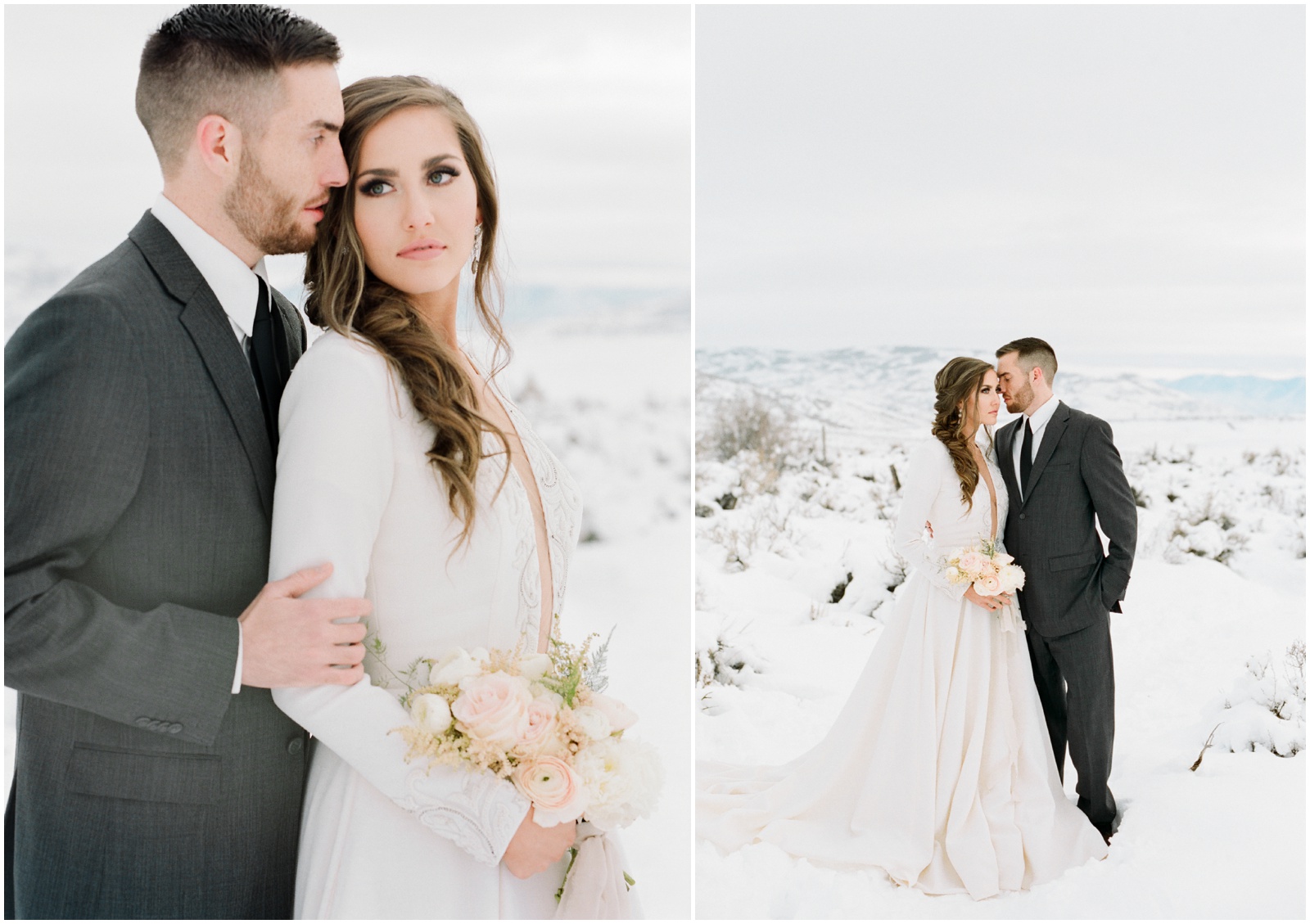 bride and groom in snowy mountains
