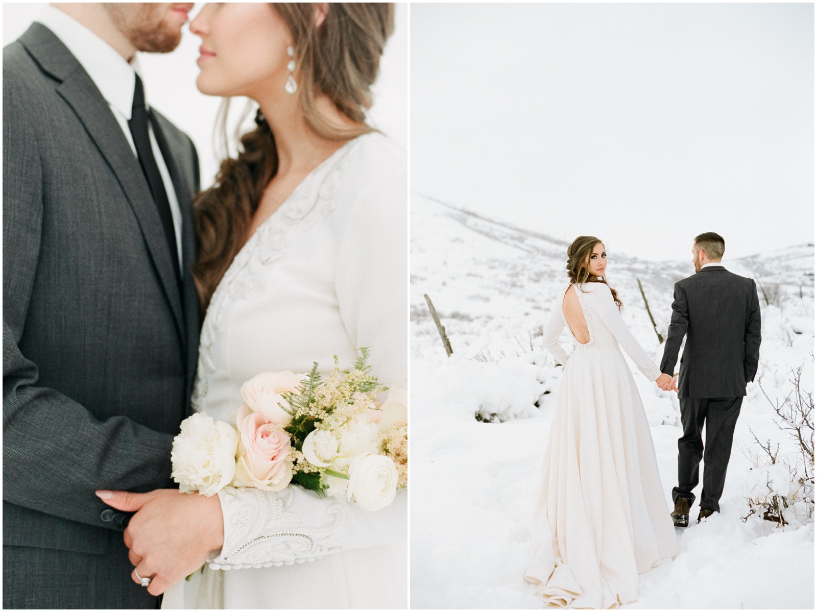 bride and groom walking through snowy mountains