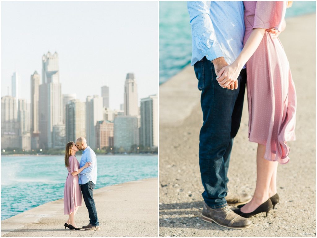 couple standing on pathway by Lake Michigan in front of the Chicago Skyline