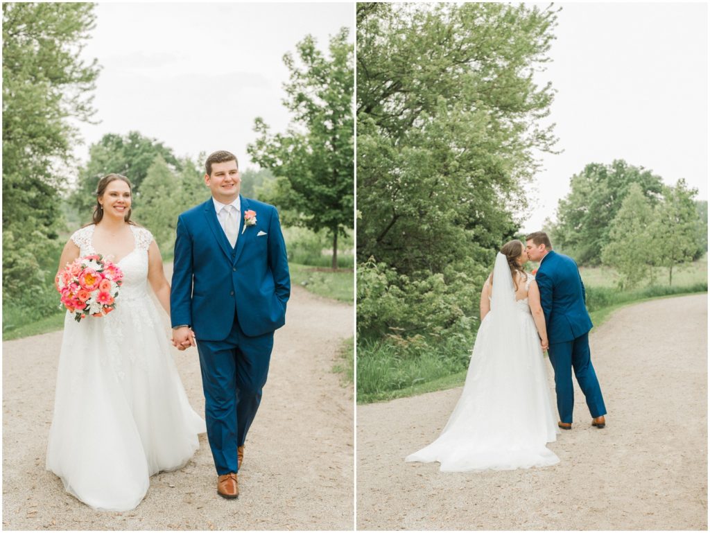 bride and groom walking at forest preserve