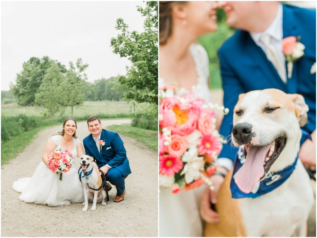 navy and coral wedding with dog