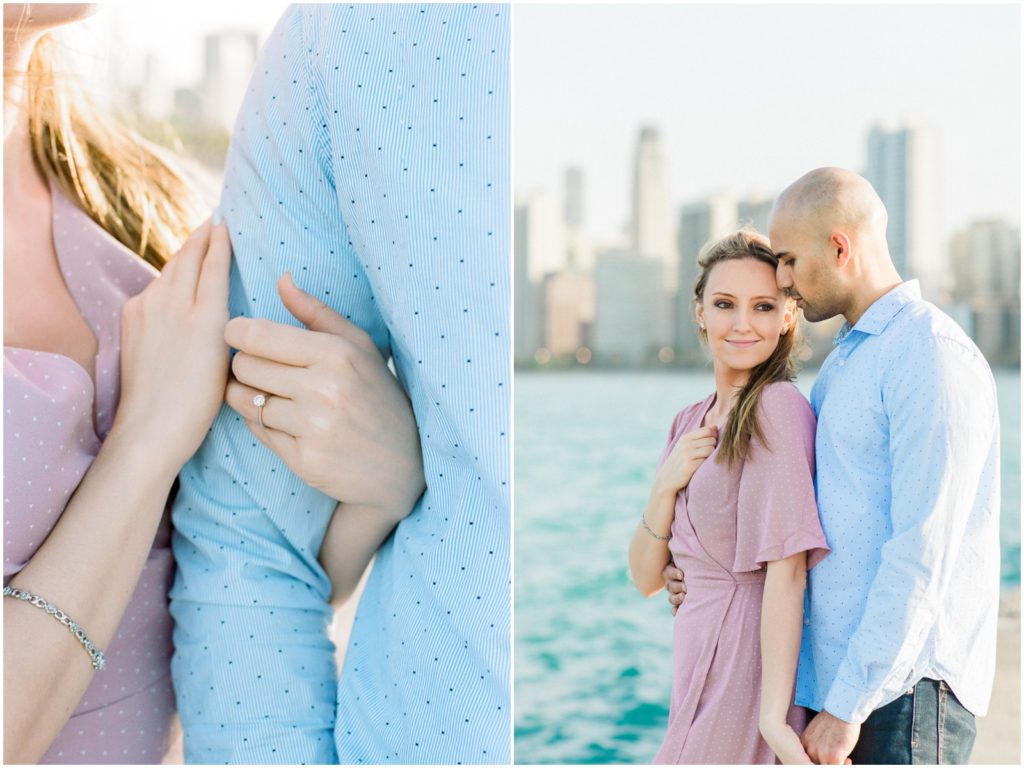couple wearing pink and blue for engagement photos