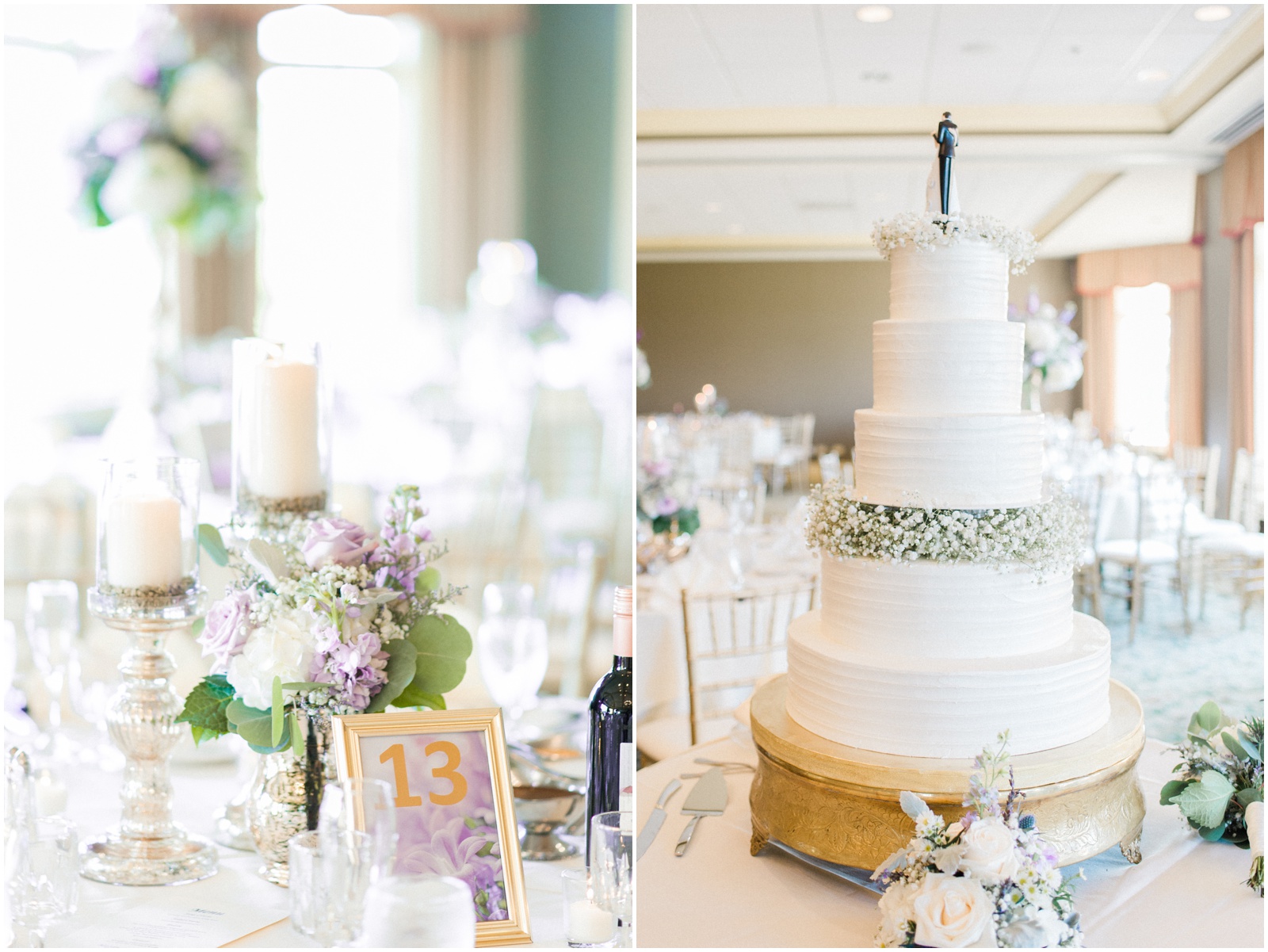 white wedding cake with lavender floral centerpieces