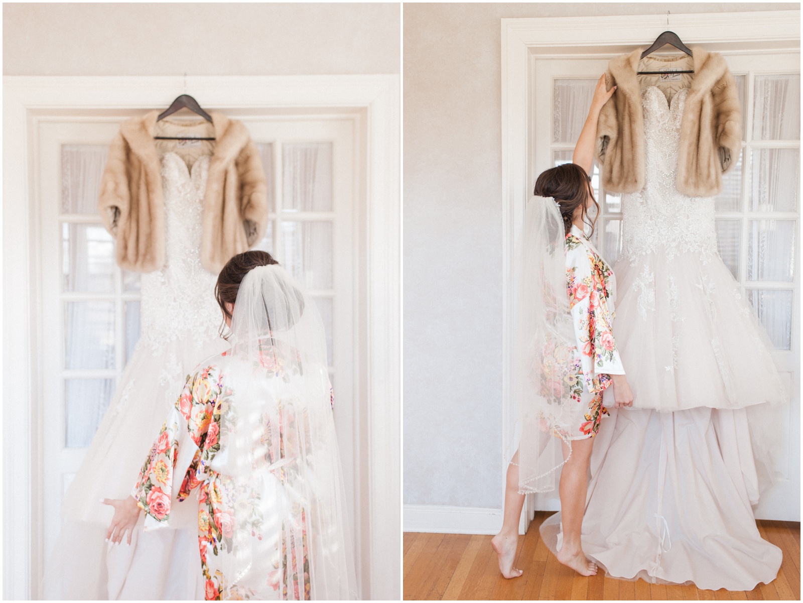 bride getting wedding dress off hanger