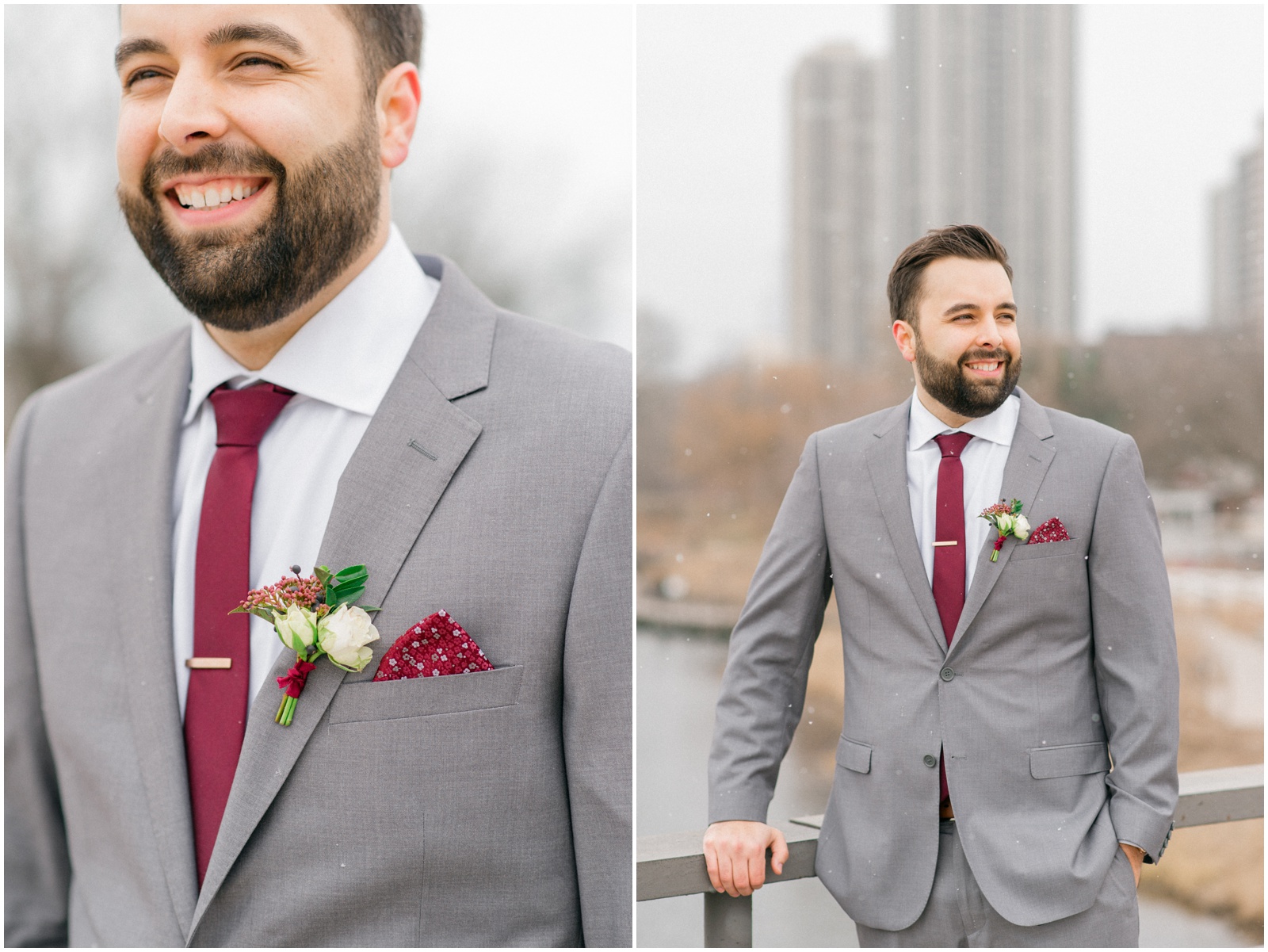 groom in burgundy tie