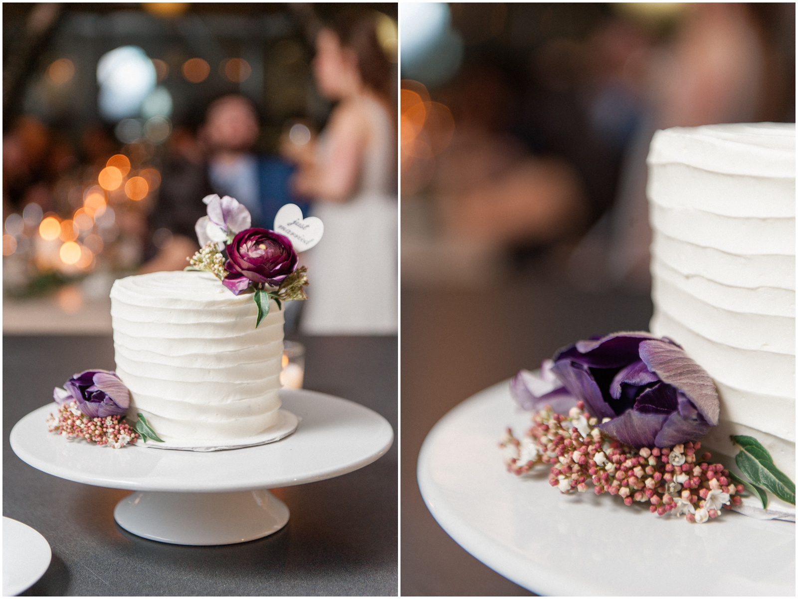 white wedding cake with purple flowers