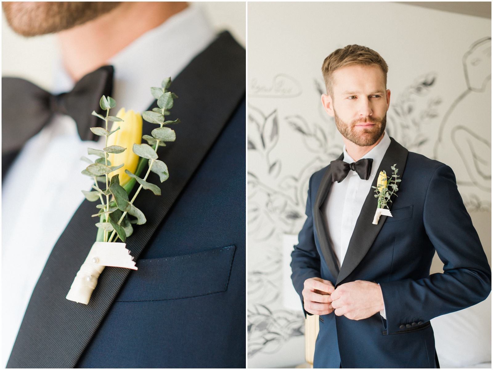 yellow wedding boutonniere and blue suit
