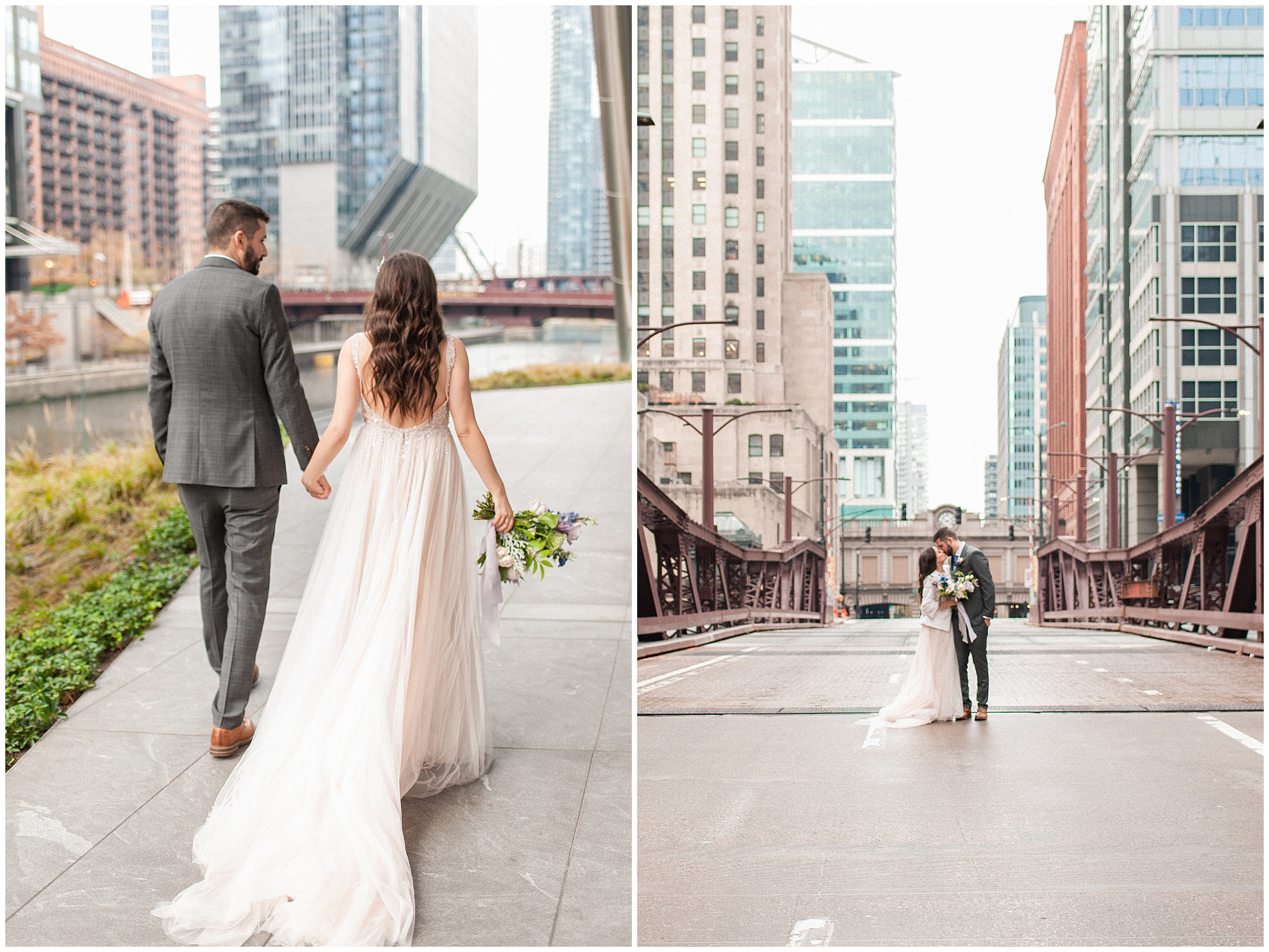 couple walking on bridge in chicago