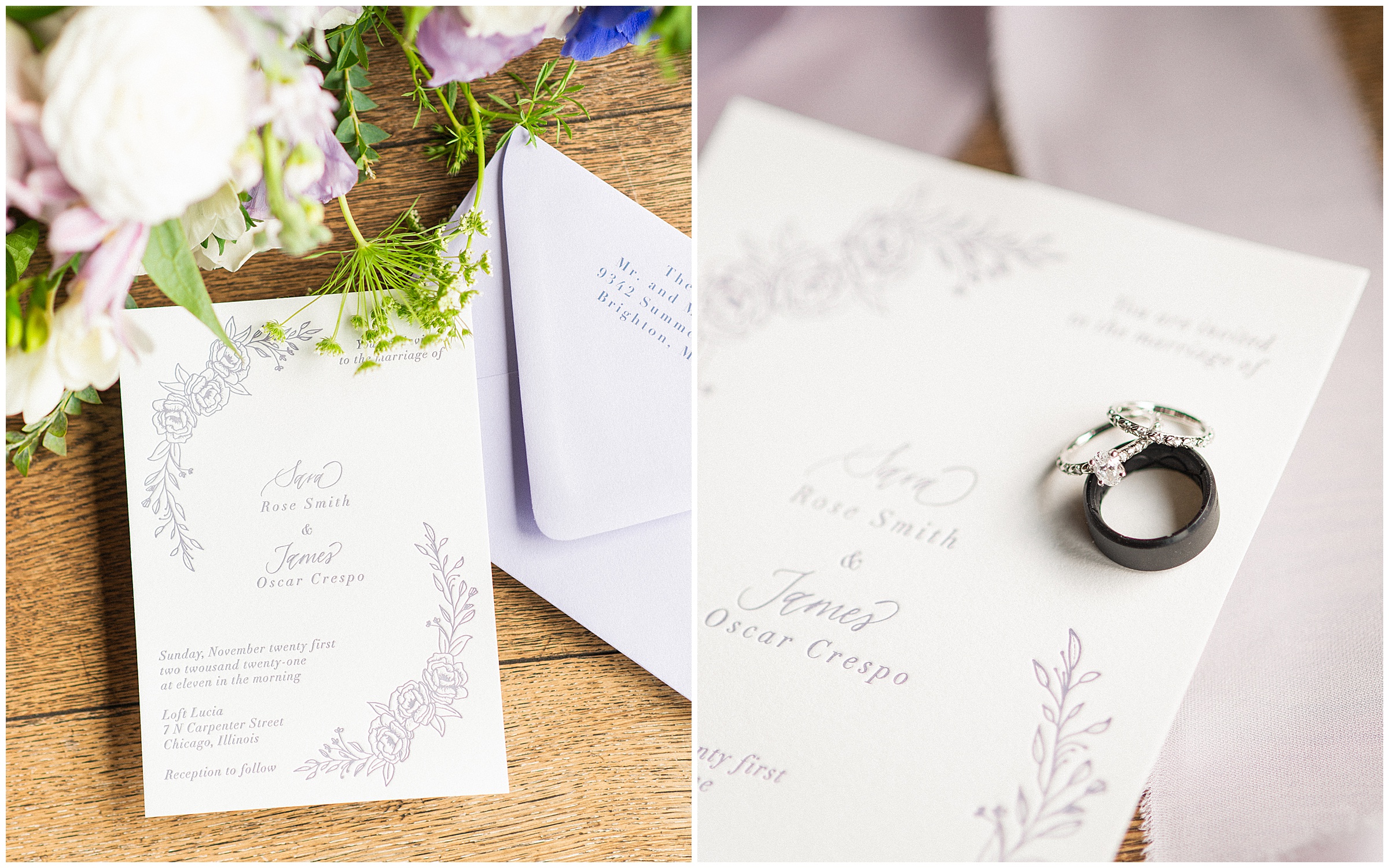 purple and green wedding invitation
